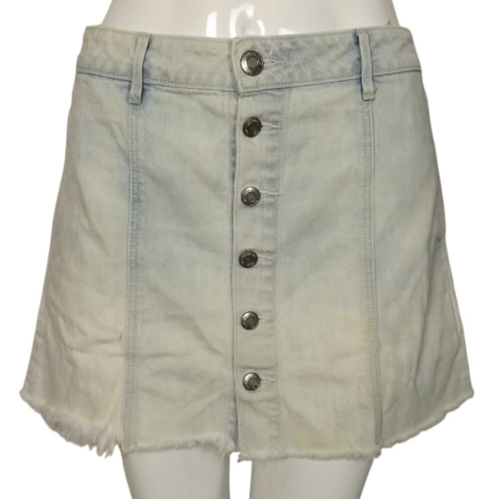 AMERICAN EAGLE Denim Skirt, 10, Light Wash, Button Front, Short, Fringe Hem